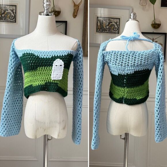 Handmade Crochet Crop Top Ghost Autumn Fall Halloween OOAK XS - Picture 1 of 8